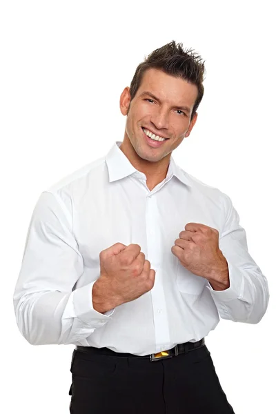 Glücklicher Mann im weißen Hemd feiert Erfolg — Stockfoto