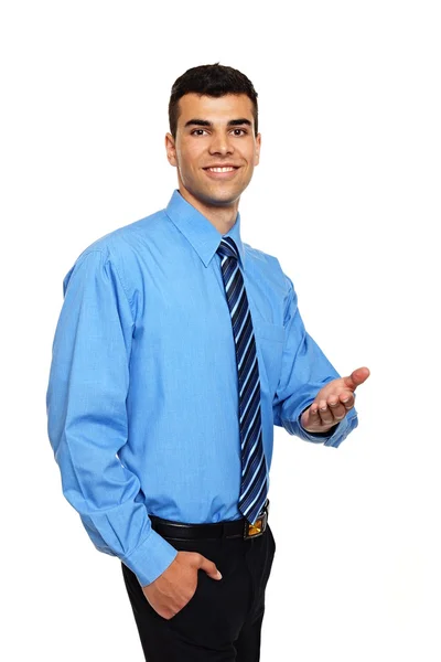 Pohledný muž ukazuje ruku — Stock fotografie