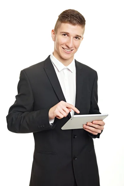 Businessman holds digital tablet — Stock Photo, Image