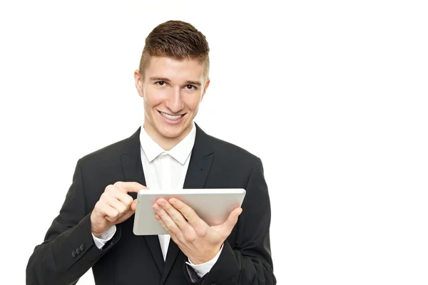 Businessman holds digital tablet — Stock Photo, Image