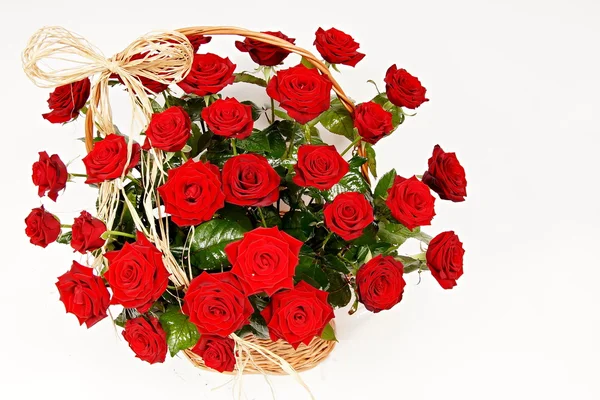 Hermosas rosas rojas en una cesta — Foto de Stock