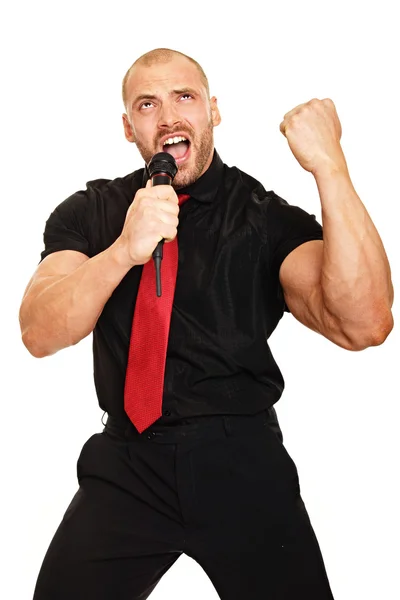 Karaoke com homem de negócios em camisa preta — Fotografia de Stock