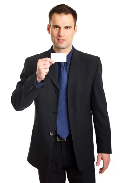 Businessman shows business card — Stock Photo, Image