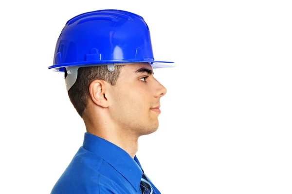 Empresário em pé no capacete de proteção — Fotografia de Stock