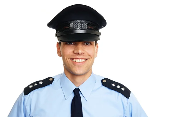 Jonge lachende politieman — Stockfoto