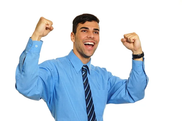 Usmívající se muž ukazuje vítězství s rukama — Stock fotografie