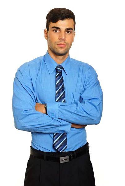 Thinking businessman in blue shirt — Stock Photo, Image