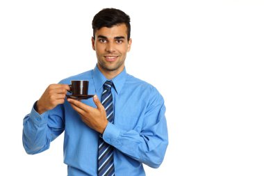 İşadamı fincan kahve üzerinde gösterir