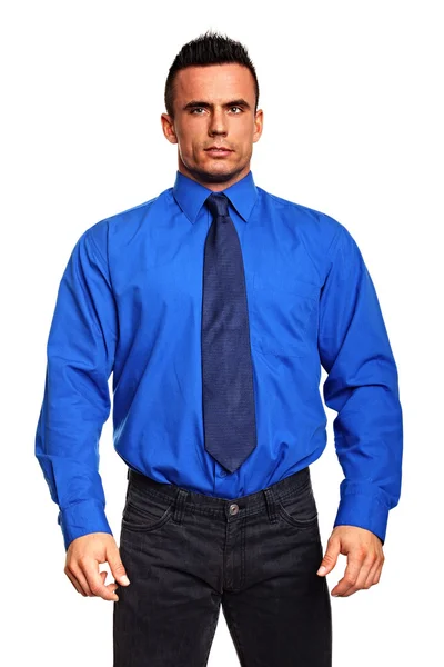 Thinking businessman in blue shirt — Stock Photo, Image