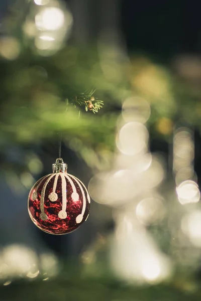 Großaufnahme Einer Rot Weißen Christbaumkugel Die Weihnachtsbaum Hängt Schöne Grün — Stockfoto