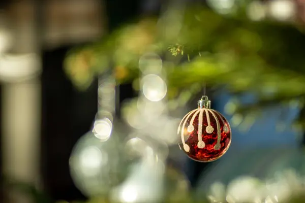 Großaufnahme Einer Rot Weißen Christbaumkugel Die Weihnachtsbaum Hängt Schöne Grün — Stockfoto