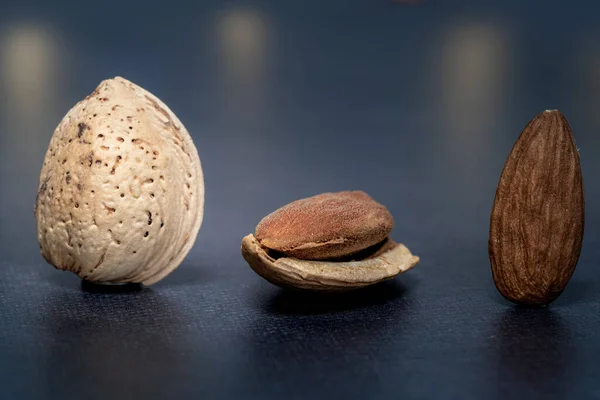 Close Three Isolated Almonds One Its Shell One Open Shell — Stock Photo, Image