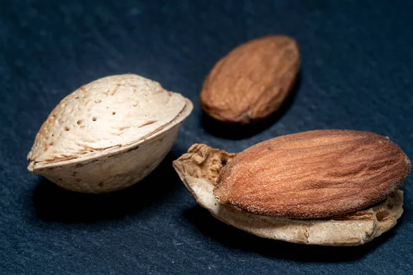 Close Three Isolated Almonds One Its Shell One Open Shell — Stock Photo, Image
