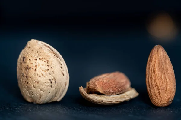 Close Three Isolated Almonds One Its Shell One Open Shell — Stock Photo, Image