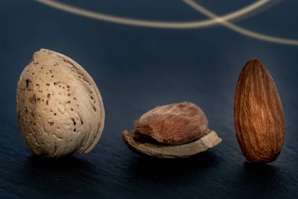 Close Three Isolated Almonds One Its Shell One Open Shell — Stock Photo, Image