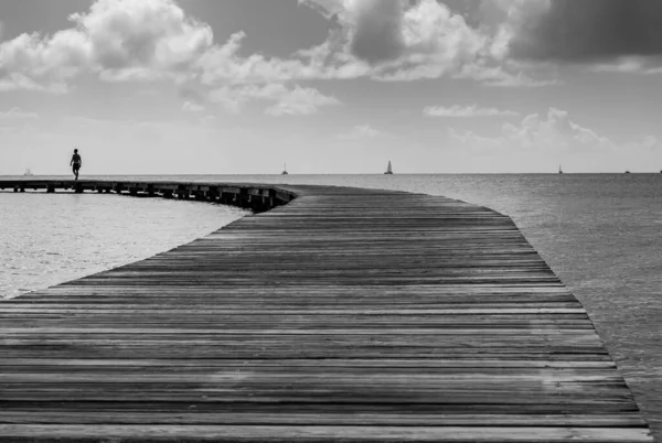 Isolated Man Walking Curved Wooden Pier Blue Cloudy Sky Some — Stock Photo, Image