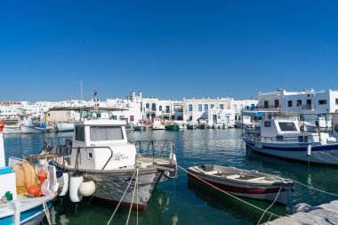 Pictoresque whitewashed port of Naoussa, Paros island, Cyclades Archipelago, Greece
