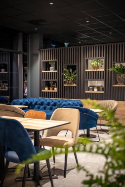 Koyu mavi kadife bir kanepe, bej ve mavi modern sandalyeler, ahşap masalar ve koyu renkli duvar raflarında dekoratif bitkiler içeren samimi ve şık bir restoran iç mimarisi. Sıcak, çağdaş ortam yemek, konukseverlik, yaşam tarzı veya iç dekorasyon için uygundur.
