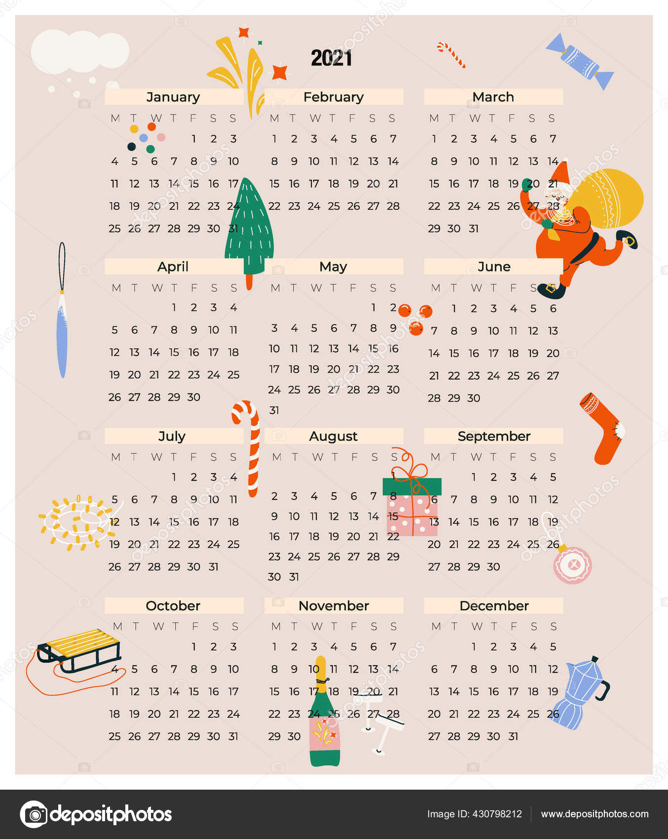 Festival Modern Vektor Merah Muda Kalender Untuk 2021 Dengan