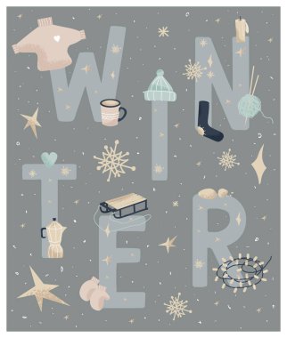 Kış vektörü düz posteri. Kış dekorasyonu için ince ve ince elementler var. Süveter havası. Süveter, çorap, çelenk, şapka, eldivenler, kızak, mum, kahve demliği, bardak ve kar taneleri..