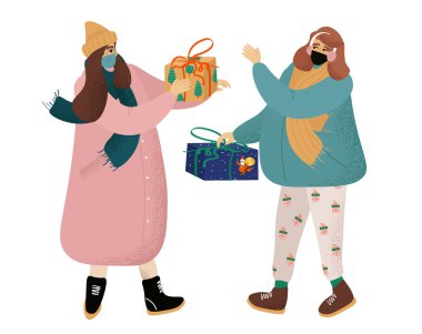 Mutlu Noeller ve mutlu yıllar. Noel hediyesi değişimi. Karikatür tarzında vektör düz çizim. Hediye değiş tokuşu yapan tıbbi maskeli kızlarla..