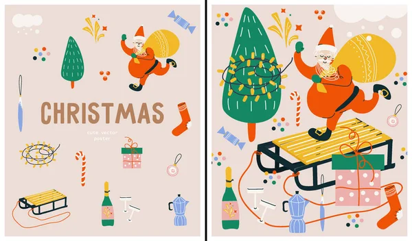 Conjunto Carteles Navidad Brillantes Con Lindo Conjunto Símbolo Navidad Vector — Vector de stock