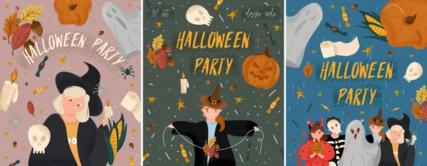 万圣节快乐一套卡通风格的万圣节派对海报 色彩艳丽的秋天招贴画 孩子们穿着鬼魂 骷髅和巫婆的服装 糖果和星星 — 图库矢量图片