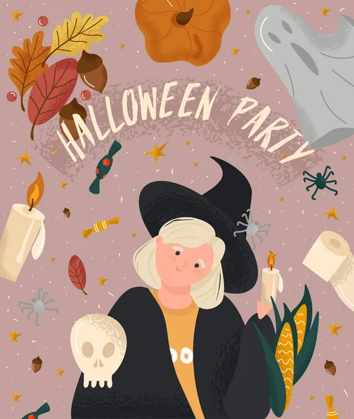Feliz Dia Das Bruxas Cartaz Festa Halloween Estilo Cartoon Cartaz —  Vetores de Stock