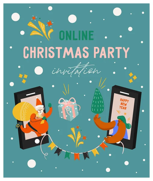 Festa Online Convite Engraçado Brilhante Para Festa Online Natal Celebração — Vetor de Stock