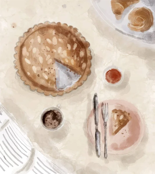 Fin Vektor Akvarell Handritad Illustration Temat Frukost Med Kaffe Mandel — Stock vektor