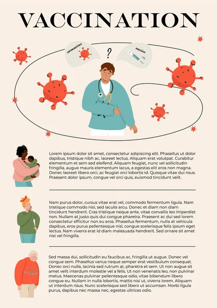 코로나 바이러스 백신의 주제에 포스터에는 스타일 교과서 아래에 사람들의 삽화가 — 스톡 벡터