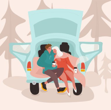 Happy Valentine's Day. Nice vector flat illustration with lovers for Valentine's Day in cartoon style. Dating in the car during a pandemic. A loving couple drinks coffee and hugs outdoors. vector