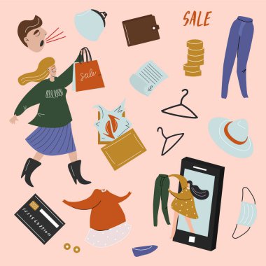 Kara Cuma, satışlar, indirimler, boks günü, online alışveriş. Satışların temasında büyük parlak vektör düz elementler kümesi. Alıcı, para, kıyafet, çanta, cüzdan. Çizgi film tarzında güzel bir vektör..