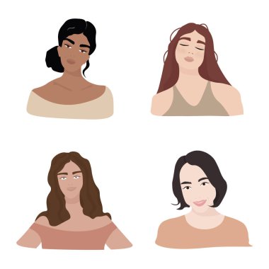 Gülümseyen güzel kızlar takımı. Kozmetik, cilt ve kişisel bakım ile ilgili malzemelerin tasarımı için beyaz zemin üzerinde vektör düz çizim. Farklı görünümlü kızların portreleri..