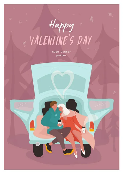 Feliz Día San Valentín Bonito Póster Plano Vectorial Con Amantes — Archivo Imágenes Vectoriales