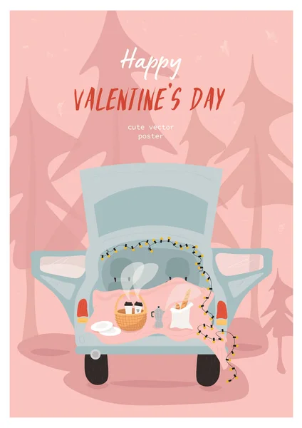 Happy Valentine Day Frumos Poster Vector Plat Picnic Pentru Ziua — Vector de stoc