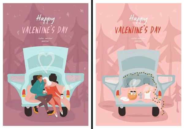 Happy Valentine Day Set Postere Frumoase Vectoriale Plate Iubitori Picnic — Vector de stoc