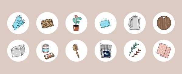 Słodkie Wektorowe Ikony Podkreślają Sieć Społeczną Życiu Domowym Sprzątaniu Nice — Wektor stockowy