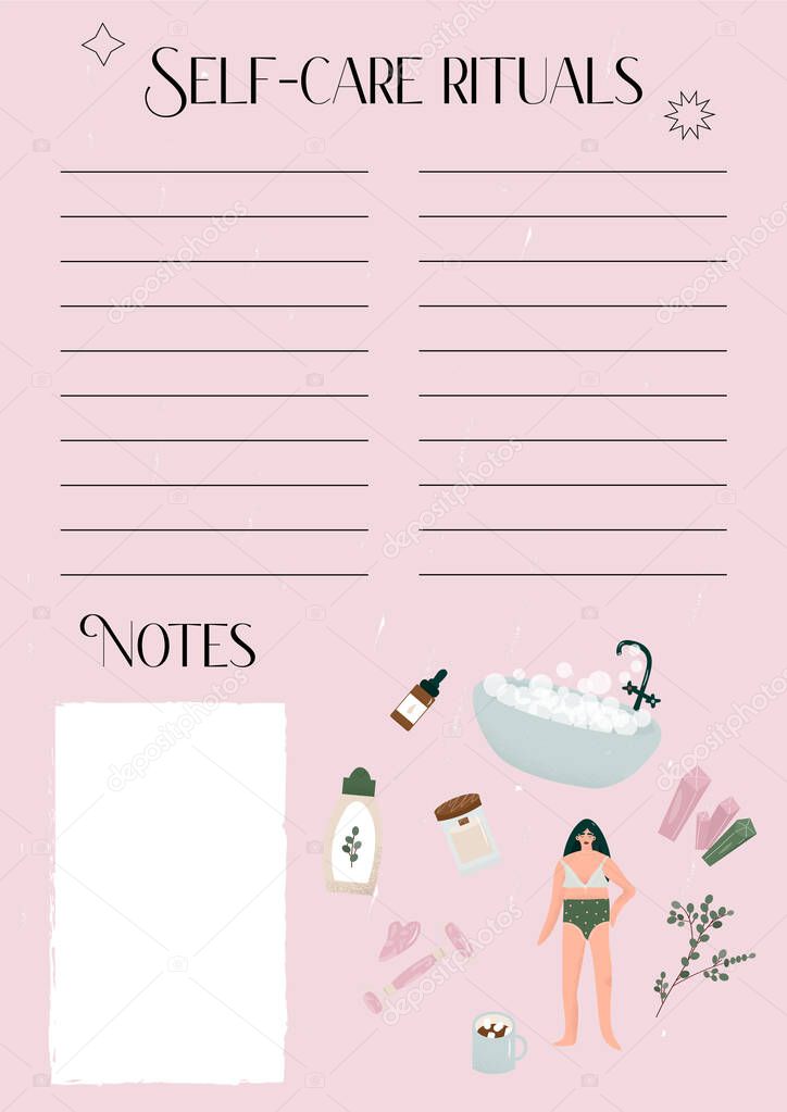 Vector self-care rituals list with lines and place for notes. Nice vector flat round concept about self-care, relaxation, spa and meditation. Bathroom, girl in underwear, candles, oils, eucalyptus.