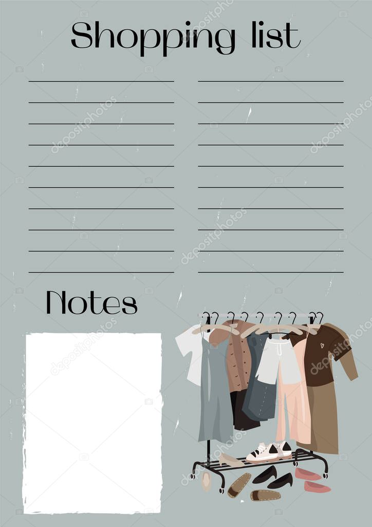 Black Friday, sales, discounts, Boxing Day, online shopping. Vector flat shopping list in cartoon style with lines and place for notes. List with rail everyday fashionable things: clothes and shoes.