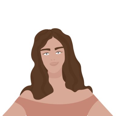 Kahverengi saçlı, gülümseyen Avrupalı güzel kız. Kozmetik, deri ve kişisel bakım ile ilgili malzemelerin tasarımı için beyaz arka planda güzel bir vektör düz çizimi. Uzun saçlı bir kızın portresi.