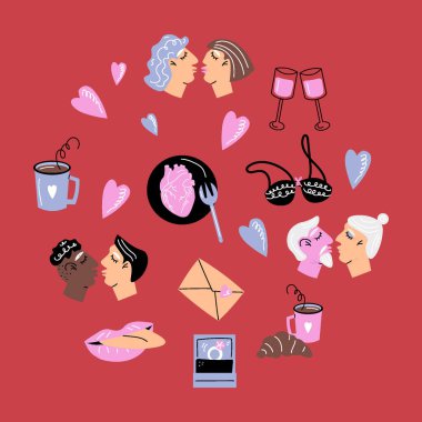 Sevgililer Günü konsepti. Sevgililer Günü için çizgi film tarzında dekorasyon için parlak vektör düz elementler. Farklı cinsiyetlerden çiftler, yaşlar, ırklar ve oryantasyonlar, romantik, şarap. Aşıklar.