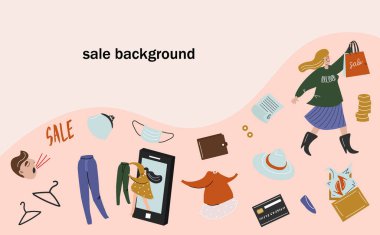 Kara Cuma, satışlar, indirimler, boks günü, online alışveriş. Satış temasında bir dizi vektör düz elementi olan bir arka plan. Alıcı, para, kıyafet, çanta, cüzdan. Çizgi film tarzında vektör posteri.