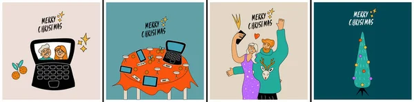 Buli Online Állítsa Fényes Vicces Kártyák Karácsonyi Online Party Karácsony — Stock Vector