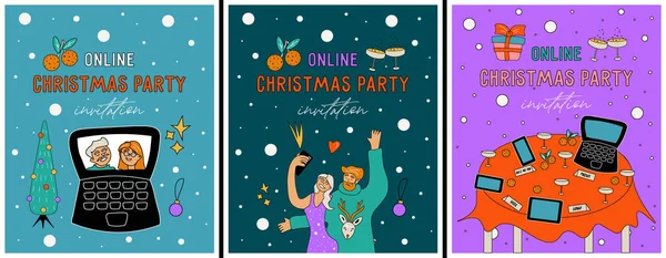 Вечірка Онлайн Набір Яскравих Кумедних Запрошень Різдвяну Онлайн Вечірку Інтернет — стоковий вектор
