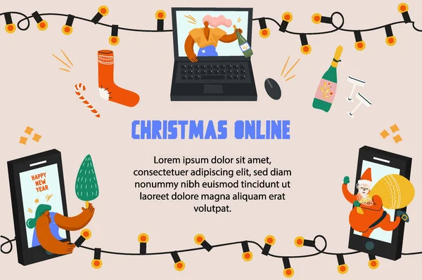 Feliz Natal Feliz Ano Novo Modelo Vetor Banner Celebração Online — Vetor de Stock