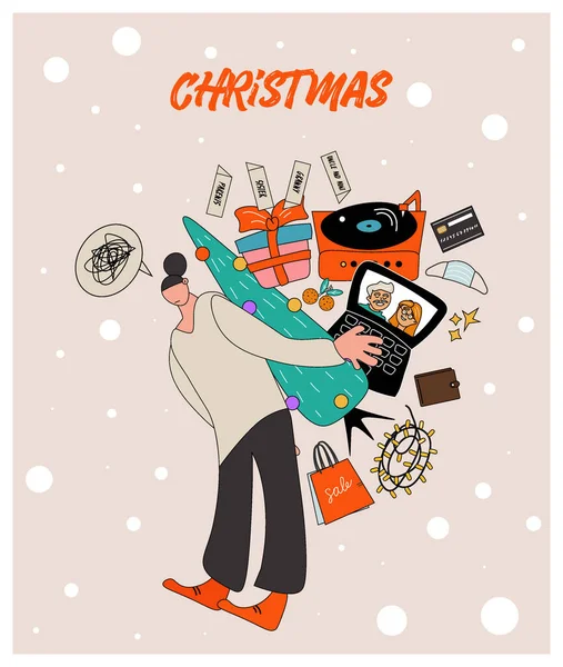 Cartaz Natal Com Uma Menina Triste Cansado Arrasta Monte Tarefas — Vetor de Stock