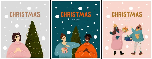 Різдвом Новим Роком Набір Векторних Плакатів Стилі Мультиплікації Людьми Які — стоковий вектор