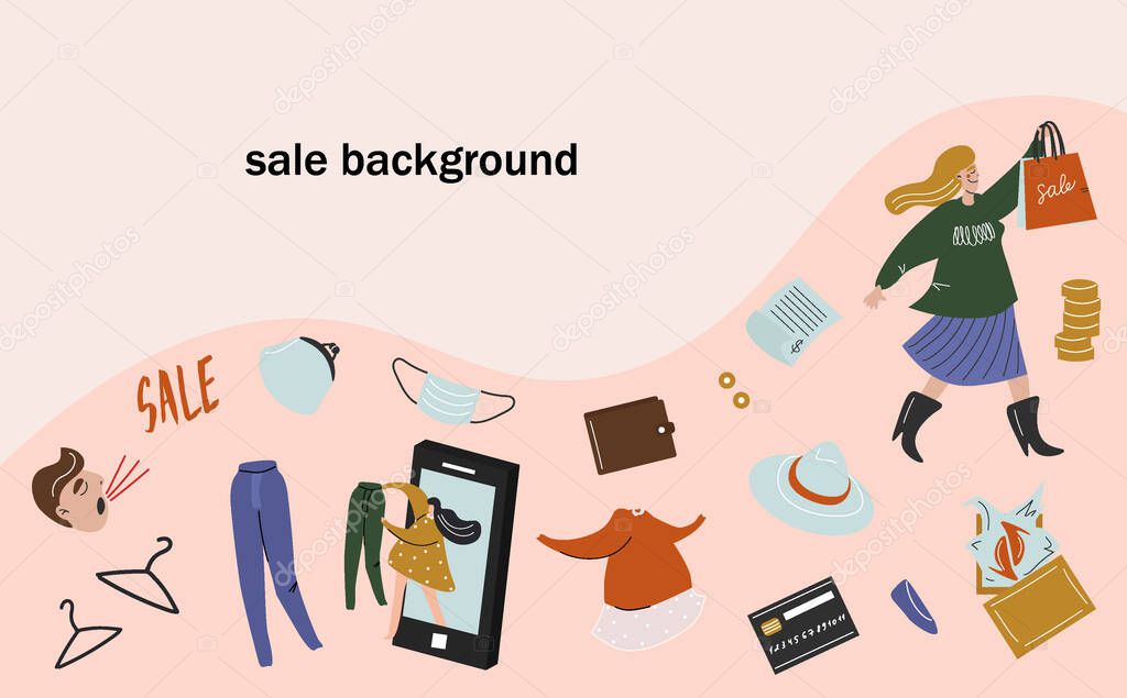 Black Friday, sales, discounts, Boxing Day, online shopping. Background with set of vector flat elements on the theme of sales. Buyer, money, clothes, bags, wallet. Vector poster in cartoon style.