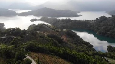 Thousand Island Gölü, Taipei, Tayvan 'daki Dağ Gölü çay terasları üzerinde insansız hava aracı görüntüsü. Düşük açı, seyahat hareketi, HD.